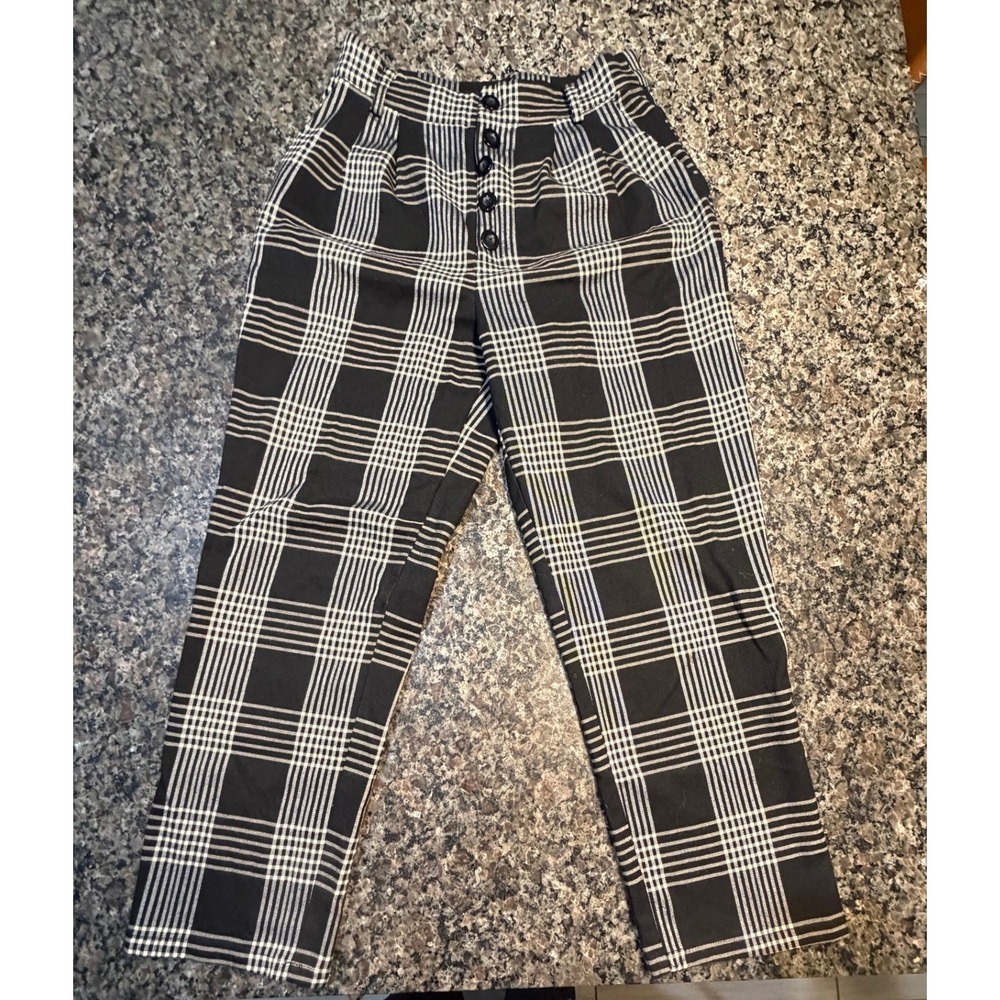 Forever 21 Contemporary Black White Plaid Button Fly High Rise Pants Small
